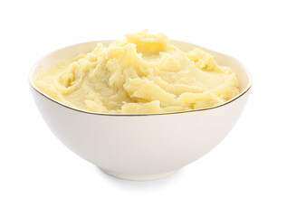 Bowl with tasty mashed potatoes on white background