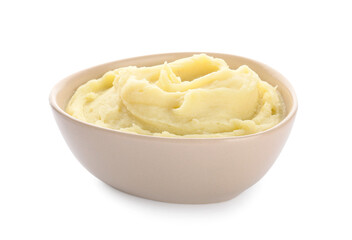 Bowl with tasty mashed potatoes on white background