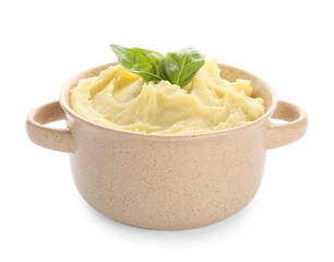 Pot with tasty mashed potatoes on white background