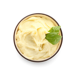 Bowl with tasty mashed potatoes on white background