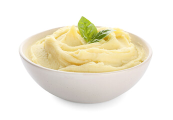 Bowl with tasty mashed potatoes on white background
