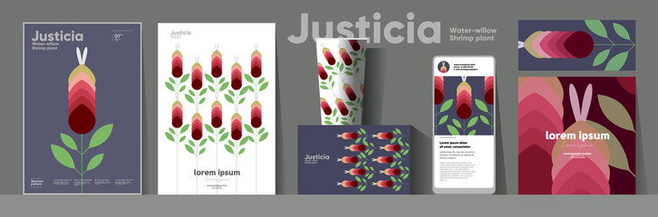 Flowers and plants. Justicia. Corporate identity. Set of vector illustrations. Floral background pattern. Design of cup, poster, banner, packaging, price tag and cover.