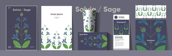 Flowers and plants. Salvia, sage. Corporate identity. Set of vector illustrations. Floral background pattern. Design of cup, poster, banner, packaging, price tag and cover.