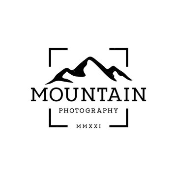 Mountain Landscape with Focus Square Lens Frame for Adventure Outdoor Nature Photography Photographer Logo Design