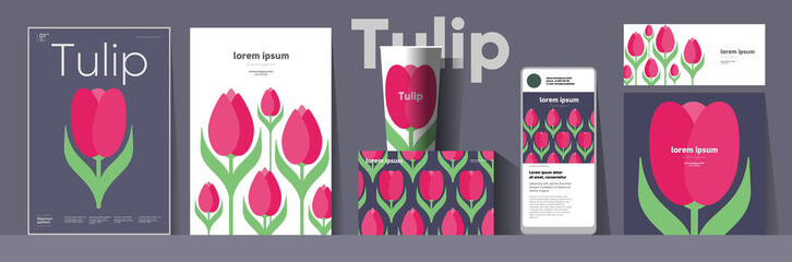 Fototapeta Flowers and plants. Tulip. Corporate identity. Set of vector illustrations. Floral background pattern. Design of cup, poster, banner, packaging, price tag and cover. obraz