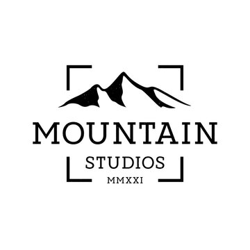 Mountain Landscape with Focus Square Lens Frame for Adventure Outdoor Nature Photography Photographer Logo Design