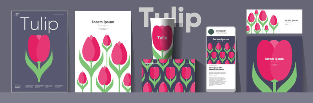Flowers and plants. Tulip. Corporate identity. Set of vector illustrations. Floral background pattern. Design of cup, poster, banner, packaging, price tag and cover.