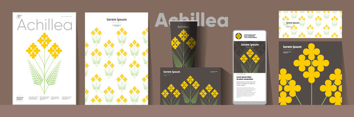 Flowers and plants. Achillea. Corporate identity. Set of vector illustrations. Floral background pattern. Design of cup, poster, banner, packaging, price tag and cover. © Molibdenis-Studio
