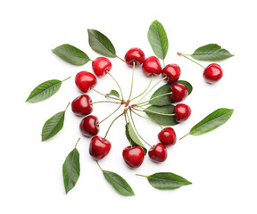 Composition with tasty ripe cherries on white background