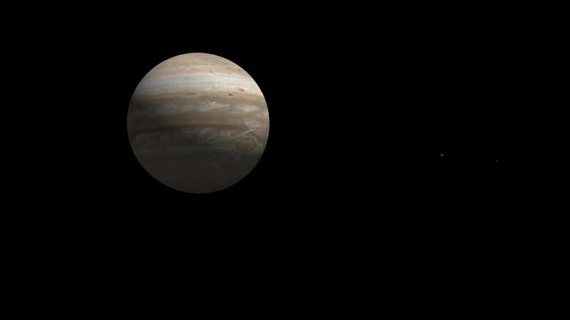 Jupiter with text space on the right. Ultra realistic 3D Jupiter and stars. Jupiter from space. 3D render., The Jupiter planet and Ganymede, in space. 3d animation.