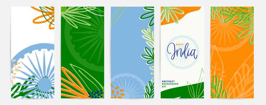 India flag colours abstract flyer set with botanical graphic elements, hand-drawn Ashoka Chakra wheel. Independence day, national holiday promotional materials.