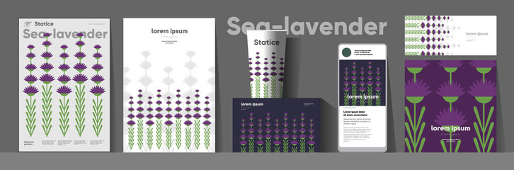 Flowers and plants. Sea lavender. Corporate identity. Set of vector illustrations. Floral background pattern. Design of cup, poster, banner, packaging, price tag and cover.