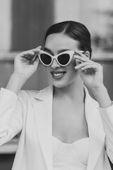 Black and white woman portrait, summer fashion retro look