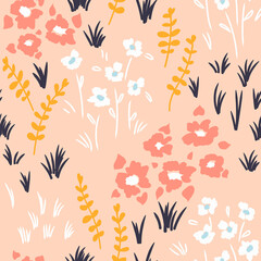 seamless pattern with nature inspired hand drawn illustration. pink and white flowers on a light pink background. black and white grass, orange plants. surface design, textile, wrapping paper