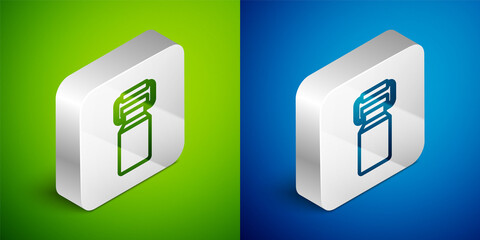 Isometric line Can container for milk icon isolated on green and blue background. Silver square button. Vector