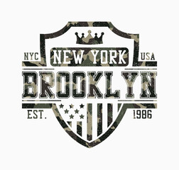 Brooklyn shield design for camouflage t-shirt. New York camo tee shirt print with shield, crown, USA flag and grunge. Typography graphics for apparel in military and army style. Vector illustration. - obrazy, fototapety, plakaty