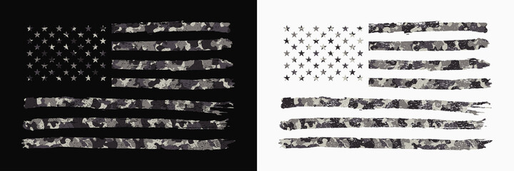 USA flag with camouflage. Set of camo American flag in military style with grunge. Typography graphics for t-shirt and apparel or banner and poster. Vector illustration. - obrazy, fototapety, plakaty