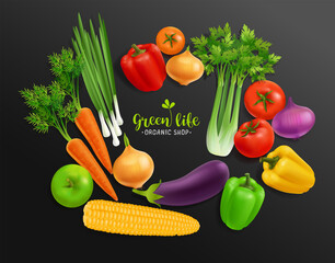 Fototapeta na wymiar Realistic vector Vegetables harvest with concept logo for Organic Shop on black background. Mock-Up template for Vegetal logo presentation. Vegan Organic Food, Produce of carrot, tomatoes and сelery