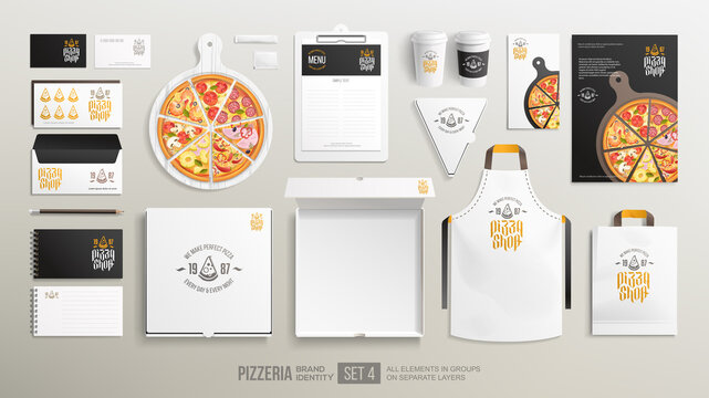 Pizzeria restaurant brand identity mockup set. Realistic branding set of pizzeria flyer, open pizza box, bag, uniform. Pizza package mockup for corporate style presentation and logo design