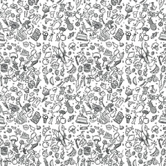 seamless pattern with food icons on white background. doodle food vector illustration.