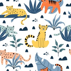 Seamless pattern with tigers, leopards, plants, decor elements. colorful vector for kids. hand drawing, flat style. baby design for fabric, print, textile, wrapper