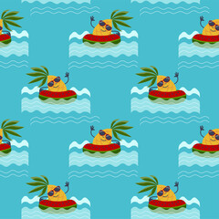 Fototapeta na wymiar Vector seamless pattern with cartoon pineapple and rubber ring. Summer wallpaper. Funny fruits swimming on a water.