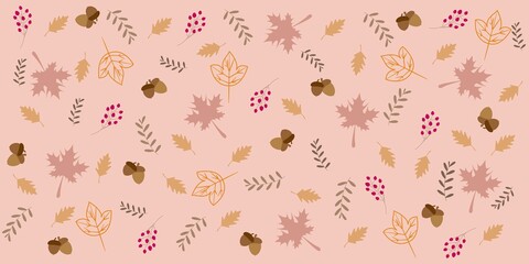 Autumn patter illustration. Colorful autumn leaves and fruits decoration on pink tone background. Vector illustration.