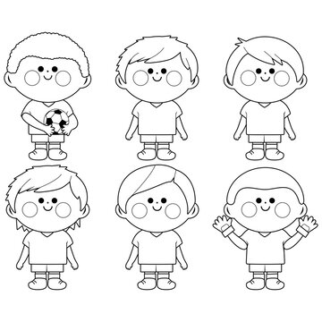 Boys soccer team. Vector black and white coloring page.