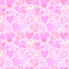 Seamless pattern with watercolor hearts. Romantic love hand drawn backgrounds texture. For greeting cards, wrapping paper, wedding, birthday, fabric, textile, Valentines Day, mothers Day, easter