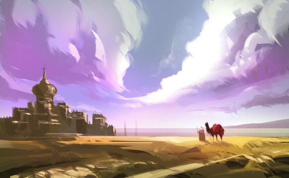 Digital illustration painting design style a man with camel looking at to city in desert, against cloudy. 