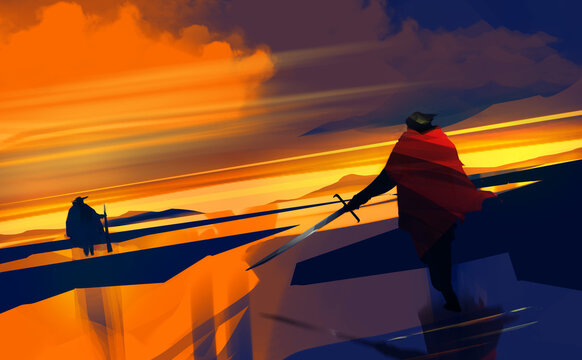 Digital illustration painting design style fighting scence on the beach, against sunset. 