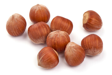 Natural Organic hazelnuts, isolated on white background.