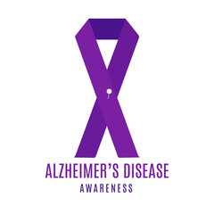 Alzheimer disease awareness poster with a purple ribbon and a needle pin on white background. Progressive brain disorder symbol. Medical concept. Vector illustration.