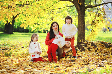 Children for a walk in the autumn park. Leaf fall in the park. Family. Fall. Happiness.