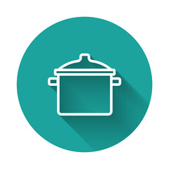 Obraz premium White line Cooking pot icon isolated with long shadow background. Boil or stew food symbol. Green circle button. Vector
