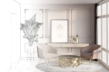 A sketch becomes a real luxurious living room with a horizontal poster over a curbstone, a door, dark wood wall panels, a decorative partition, a sofa with a coffee table in the background. 3d render