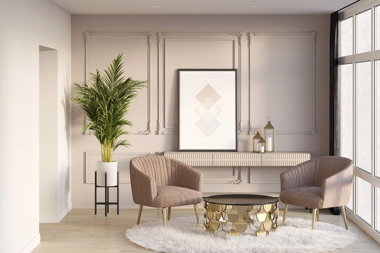 Exquisite living room with a vertical poster on a console next to a classic muted pink wall, armchairs near a coffee table, a curtain next to a large window, a palm tree next to a doorway. 3d render