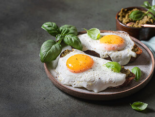 Croque-madame with fried egg , pesto sauce and basil. Traditional French Toasted Sandwich. French cuisine.