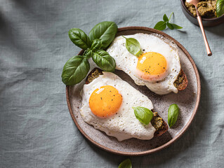 Croque-madame with fried egg , pesto sauce and basil on a linen tablecloth. Traditional French Toasted Sandwich. French cuisine.