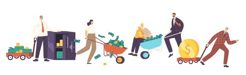 Male and Female Business Characters with Money Wheelbarrow, Safe and Trolley with Golden Coins and Dollar Bills