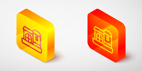 Isometric line Farm house icon isolated on grey background. Yellow and orange square button. Vector
