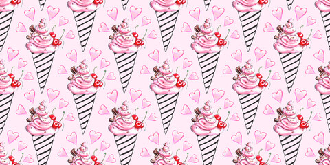Cute Seamless pattern of pink watercolor abstract ice cream in black outline waffle cone and hearts. Hand drawn bright texture in sketch style. For wrapping paper, food design, Valentines day