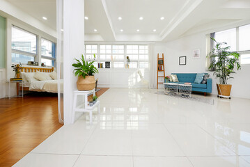 넓고 깨끗한 창문이 있는 넓은 거실