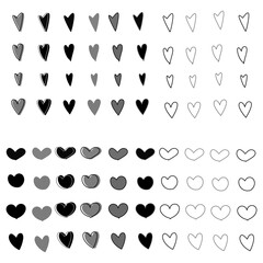  Hand drawn heart black and white icons set