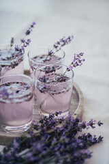 Obraz na płótnie Canvas Fresh lavender lemonade on marble tray.