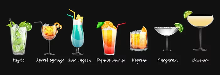 Foto op Plexiglas Set of alcoholic cocktails and non-alcoholic cocktails on a black background. Vector illustration © GN.STUDIO