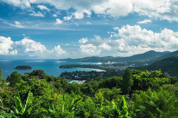 Fototapeta na wymiar observation deck on three tropical bays and green hills, Karon viewpoint Phuket, Thailand. Summer vacation and nature travel adventure concept.. Summer composition.