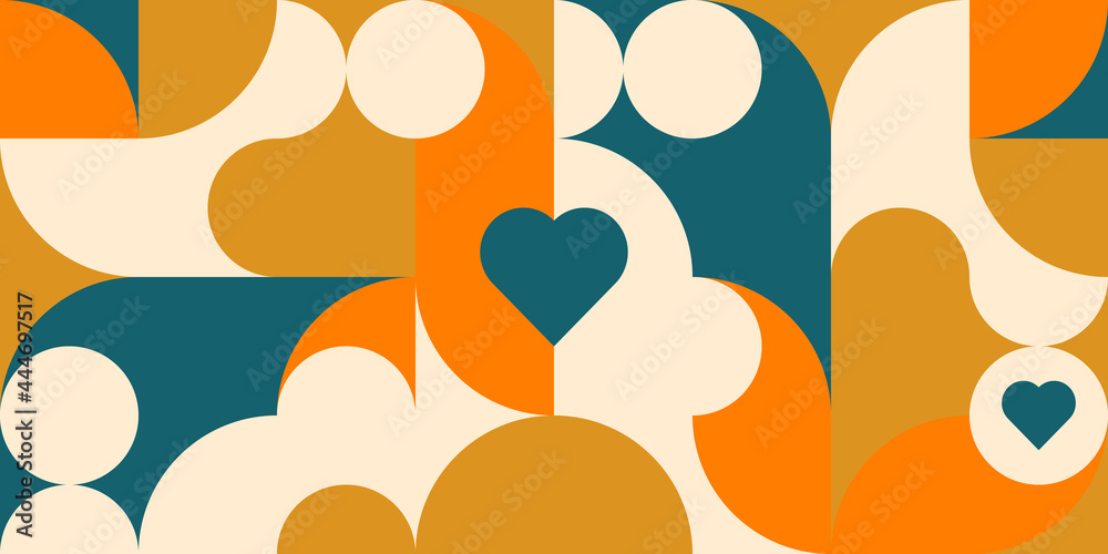 Poster Romantic vector abstract  geometric background with hearts, circles, rectangles and squares  in retro scandinavian style. Pastel colored simple shapes graphic pattern. Abstract mosaic artwork.