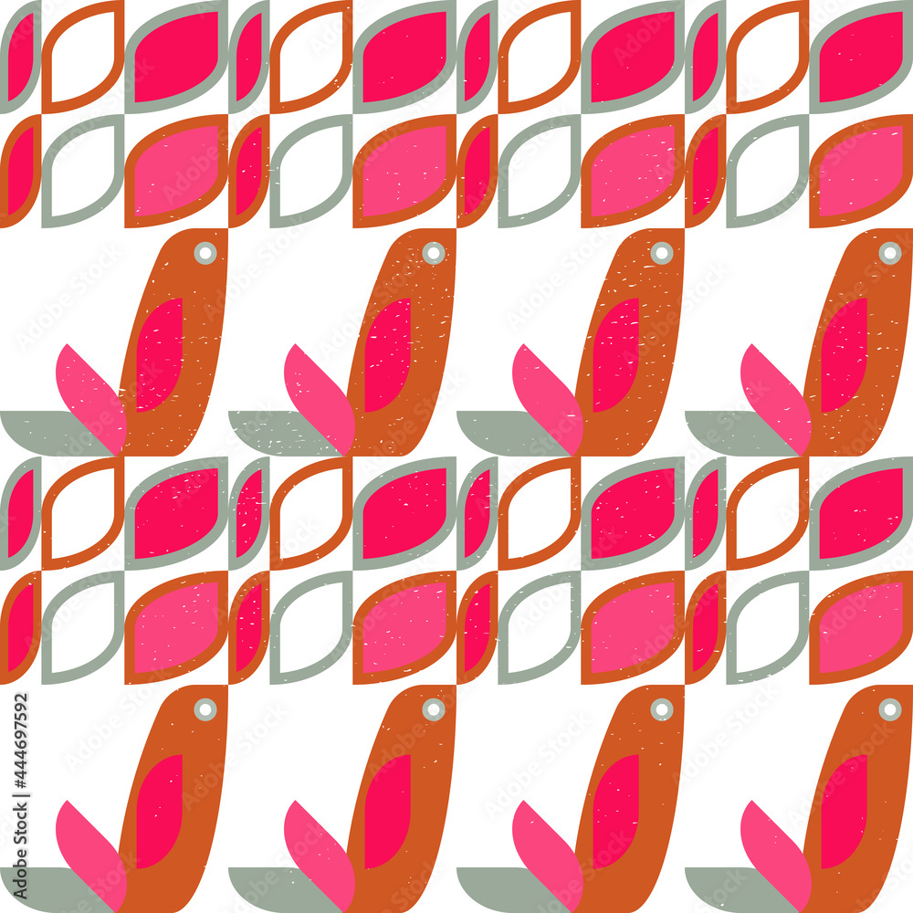 Poster abstract geometric retro inspired vector seamless pattern.stylized bird, leaves and flowers in paste