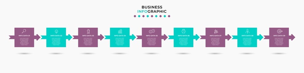 Vector Infographic design illustration business template with icons and 9 options or steps. Can be used for process diagram, presentations, workflow layout, banner, flow chart, info graph